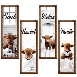 Honoson 4 Pcs Bathroom Wall Decor Pictures Wooden Relax Soak Unwind Breathe Hanging Signs of Wooden Wall Art for Home Spa Laundry(Highland Cow)