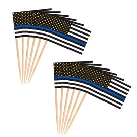 100 Pcs American Thin Blue Line Flag US Police Topper Flag, Small Mini United States Military Police Toothpick Flags On Stick,Decorations Supplies For Army Party Events Celebration