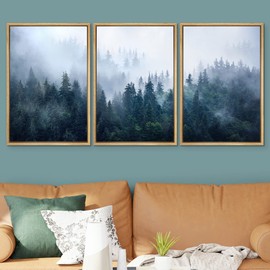 SIGNWIN Framed Canvas Print Wall Art Woodland Nursery Decor Set Blue Fog Pine Tree Mountain Range Forest Nature Realism Decorative Rustic for Living Room, Bedroom, Office - 16"x24"x3 Natural
