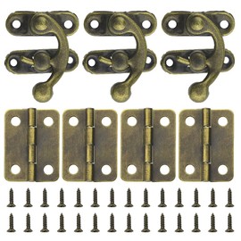 WMYCONGCONG 60 PCS Mini Hinges 24 x 18mm Antique Small Hinge and 30 Sets 27.5 x 32.5mm Bronze Tone Right Latch Hook Hasp Clasp Catch with Screws for Wood Jewelry Box