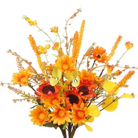 CITYES 3 Pcs Artificial Fall Flowers Mum Bulk Orange Fall Floral Stems Forsythia Silk Sunflower and Daisy Flowers for Autumn Flower Arrangements Cemetery Centerpieces Indoor Outdoor Thanksgiving Decor