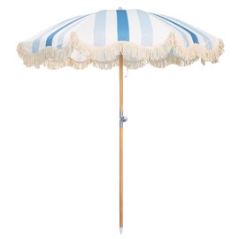 Funsite 6.5ft Boho Beach Umbrella with Fringe, UPF 50+ Tassel Umbrellas with Carry Bag, Premium Wood Pole Foldable Patio Umbrella for Outdoor Holiday Garden Lawn Pool Yard Table, Blue Grey Stripe