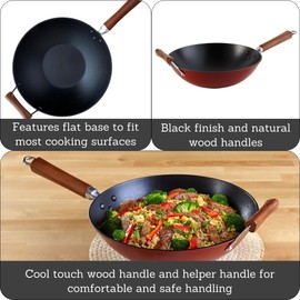 IMUSA USA GKG-61021 Light Cast Iron Wok, 14", Red Handles
