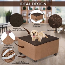 NeColorLife Square Ottoman Cover Waterproof Ottoman Slipcover Thick Storage Footrest Stool Covers Furniture Protector for Pets,Kids(Medium Size,Dark Coffee)