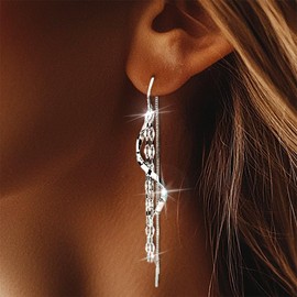 Urieo Drop Threader Earrings, Long Chain Design, Silver Earring Jewelry