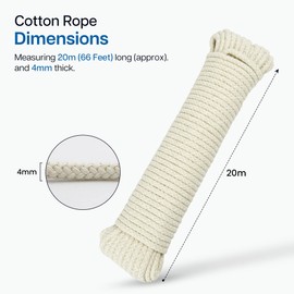 WINSOME All-Purpose Natural Braided Cotton Rope (20M/66ft) 4MM with Synthetic Polypropylene Core Clothesline