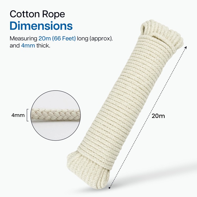WINSOME All-Purpose Natural Braided Cotton Rope (20M/66ft) 4MM with Synthetic
