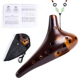 Ocarina, Horse 12 Holes Alto C Ceramic with Carry Bag Music Book Strap (Brown)