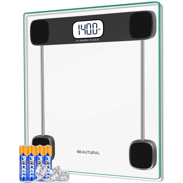 BEAUTURAL Digital Scale for Body Weight, Precision Bathroom Weighing Bath Scale, Step-On Technology, High Capacity - 400 lb, Large Display, Batteries and Tape Measure Included