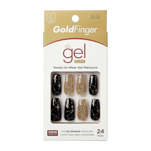 Gold Finger Gel Glam Design - Uñas a presión, kit de uñas de gel, manicura sin esmalte de longitud larga (GD16)
