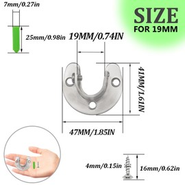 CEEYSEE 2 Pieces Round Tube Bracket 19 mm U-Shape Wardrobe Rod Holder 304 Stainless Steel Cabinet Rail Bracket with 6 Pieces Screws Rods Flange Set for Wardrobe, Window (FLZ-U/19 mm)
