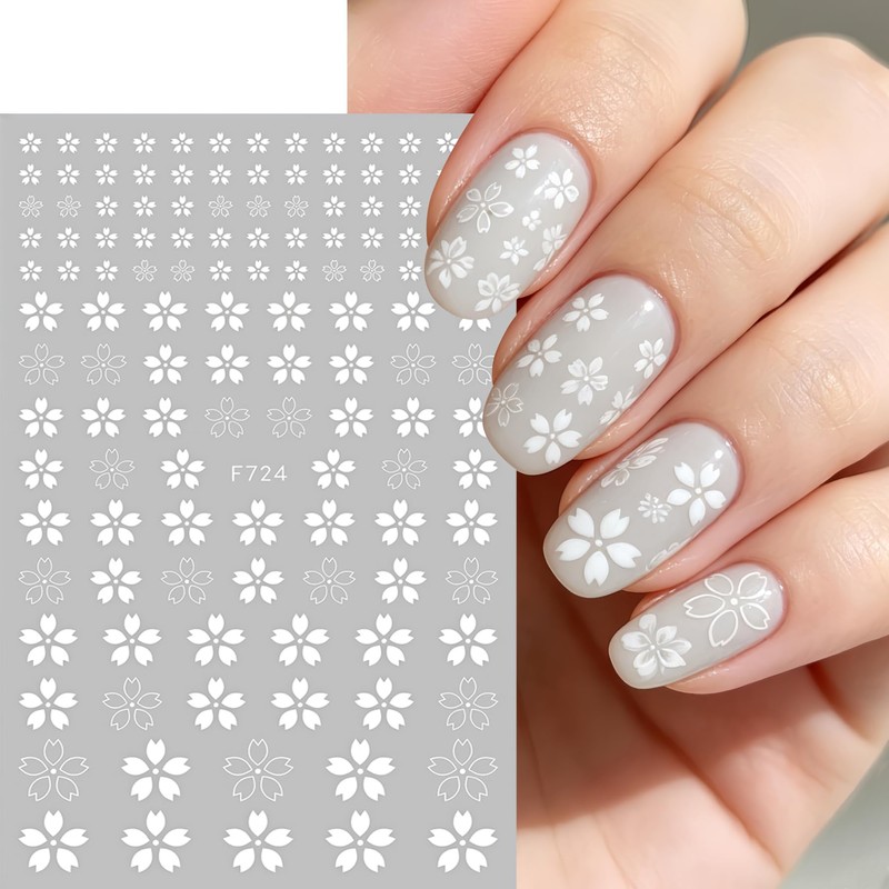 6Pcs White Flower Nail Stickers 3D Self-Adhesive Hibiscus Nail Decals