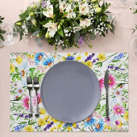 Flowers Placemats Set of 6,12x18 Inch Garden Plants Place Mats Washable Fabric for Seasonal Summer Table Mats for Party Kitchen Dining Table Decoration