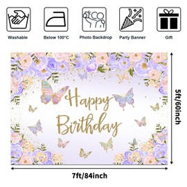 Avezano Purple Butterfly Birthday Backdrop for Girl's Purple Peach Floral Pastel Butterflies Birthday Background Pink Lilac Purple Gold Wishes and Butterfly Kisses Party Decorations Photoshoot (7x5ft)