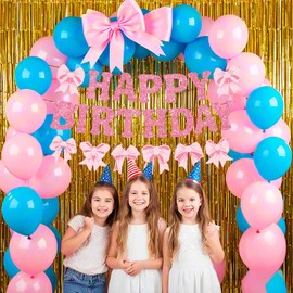 Bow Happy Birthday Banner, Pre-Strung Pink Bow Birthday Banner Garland Coquette Birthday Party Decorations for Girls Women Bows Theme Baby Shower Bridal Shower Bachelorette Coquette Party Supplies