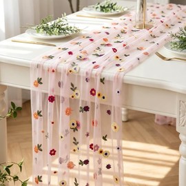 QIANSSE Floral Table Runner Spring Pink Table Decor