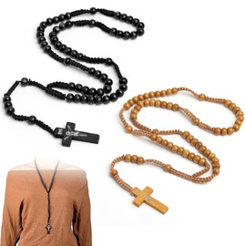 Pack of 2 Catholic Cross Rosary Necklace, Wooden Cross Chain, Jesus Chain, Rosary Necklace, Saint Benedict, for Catholic Christians, Religious Communion, Christening, Mass, Bible (Black, Brown)