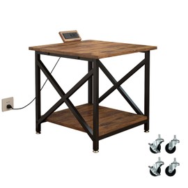METYERRY Large Printer Stand with Power Outlet, with Height Adjustable Storage Shelf, 2 Tier Rolling Printer Cart with Industrial Wheels, 23.6 x 23.6 Inches Printer Table for Home Office,Rustic Brown