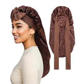 Braids Satin Bonnet for Sleeping Long Bonnet Women Hair Bonnet with Stretchy Tie Band Satin Hair Wrap(Brown)