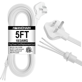 HUANCHAIN 5ft 18/3 White Flat Plug Replacement Extension Cord, Replacement Plug 3 Prong Grounded Low Profile Extension Cord Flexible for Universal AC Appliance, 10A 1250W 125V 18AWG SJTW, ETL Listed