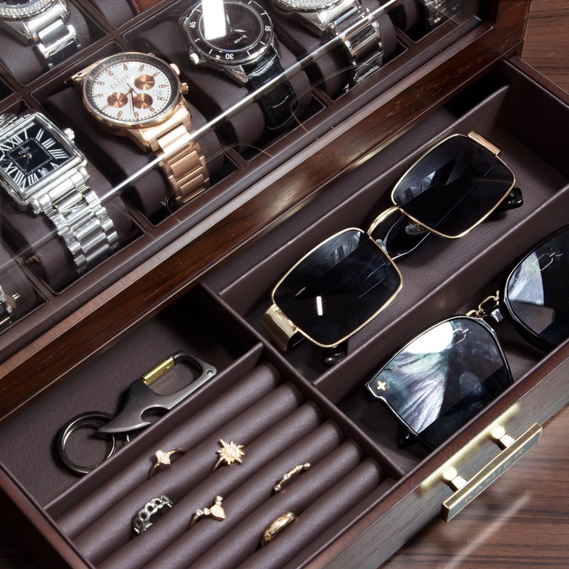 High End Watch Box for Men, 12 Slot Wooden Watch