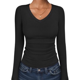 ANRABESS Long Sleeve Shirts for Women V Neck Ribbed Knit Fitted Fall Basic Tshirts Going Out Tops 2025 Casual Trendy Clothes Black Medium