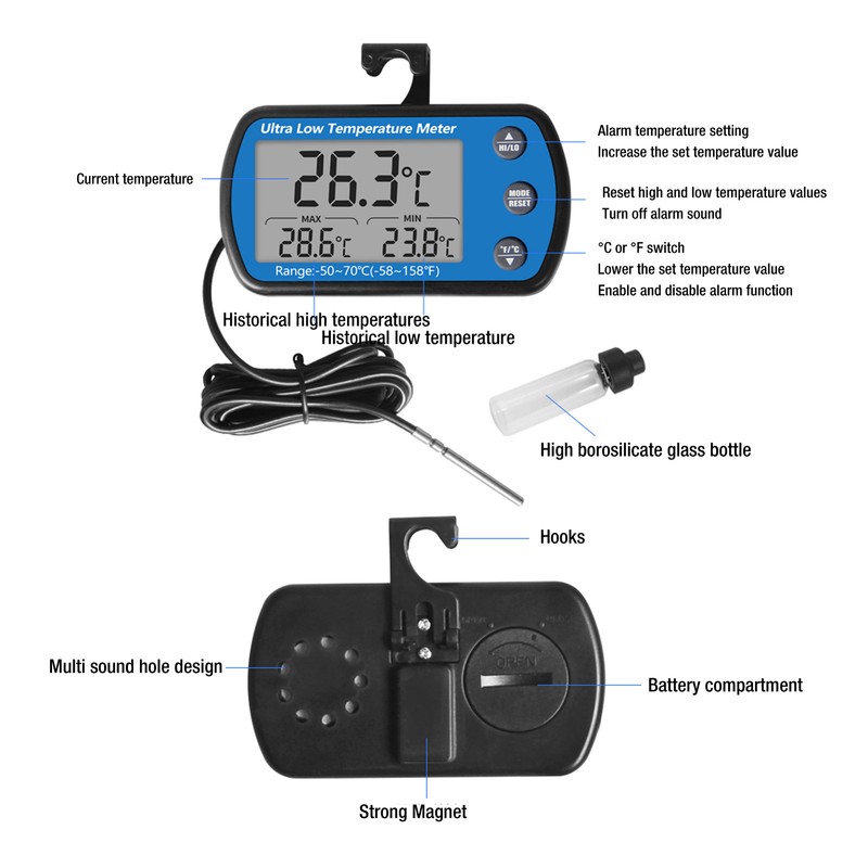 Refrigerator Thermometer ‑50 to 70℃ Digital LCD Display with Alarm