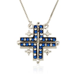 butterfly Jerusalem Cross Necklace, folding necklace with magnet closing. Cross of Jerusalem Pendant, 925 Sterling Silver Necklace with Cubic Zirconia Israeli Made Jewelry Bible Blessings Holy Land Gifts from Jerusalem Souvenirs Christmas Gifts (dark blu