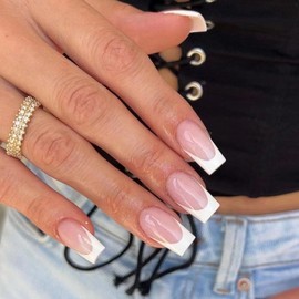 Pink Press on Nails Short Coffin Fake Nails with White French Tip Designs Pink Full Cover Glue on Nails Glossy False Nails Press ons Acrylic Stick on Nails for Women 24 Pcs