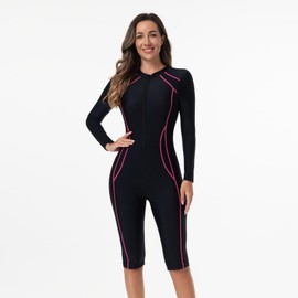 Rash Guard Women Long Sleeve One Piece Swimsuit Womens Swimwear Zipper Front Boyleg Shorts Bathing Suit Surfing Swimming Water Aerobics Swimsuits Traje De Baño para Mujer Black M