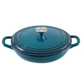 Flavehc Braiser Enameled Cast Iron Braiser 3 qt Braiser Pan with Lid DarkCyan Shallow Cast Iron Casserole Braiser Pan with Handels