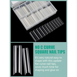 480 PCS Long Square Nail Tips: No C Curve Nail Tips - 12 Sizes Half Cover Nail Tips Press on Nails Extension Kit for DIY Nail Art with Box