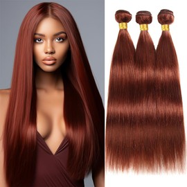 QEUOPE Auburn Straight Human Hair Color 33 Reddish Brown Straight Bundles Double Weft Brazilian Copper Red Hair Extensions Silky and Soft for Women (20 22 24 inch 3 Bundles)