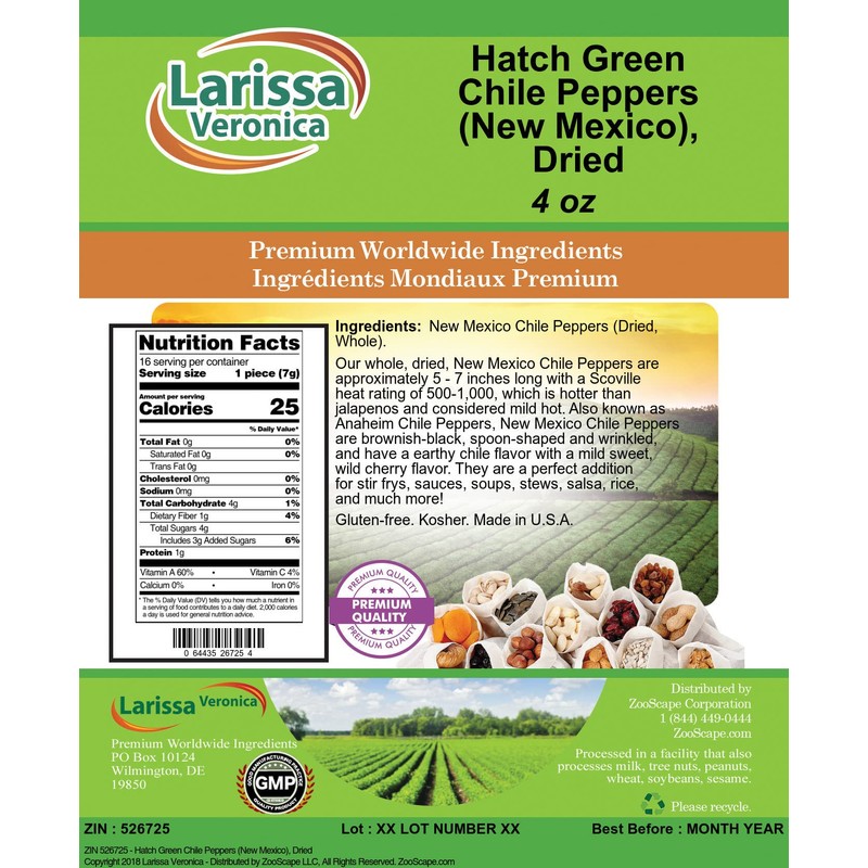Hatch Green Chile Peppers (New Mexico), Dried (4 oz, ZIN: