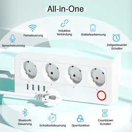 Offgridtec Smarte 4-Fach Steckdosenleiste + 2X USB-A und 2X USB-C Anschluss mit Smart Life- oder Tuya-App - 1,5m Kabel (1, 1 Stück)