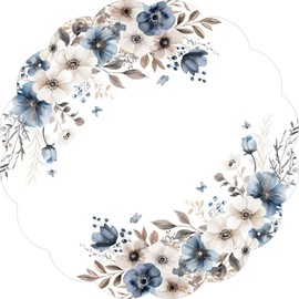 50 Pcs Dusty Blue Flower Paper Place Mats, 13.5 inch Cream Floral Butterfly Scalloped Disposable Placemats Round Placemats for Table Paper Decoration for Wedding, Birthday, Bachelorette Party