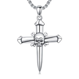 Swordgod Skull Nail Cross Necklace for Men Women 925 Sterling Silver 3 Nails Skull Gothic Cross Pendant Necklaces with 22"+2"Stainless Steel Rolo Chain for Valentine Day Birthday Anniversary Christmas Gifts