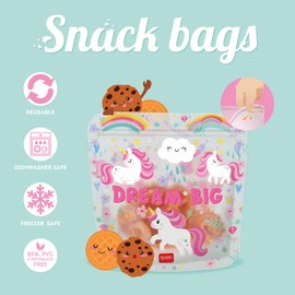 Legami - Set of 3 Food Bags, 3 Different Sizes S, M, L, Resealable, Reusable, Dishwasher Safe, Handy Snack Bags, Unicorn