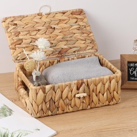 Moosky Wicker Shelf Baskets with Lid, Rectangular Storage Basket Bins with Handles Handwoven Home Desk Organizer Decor Boxes (Natural, X-Small)