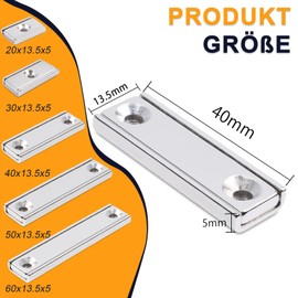 swihorab Pack of 12 Neodymium Magnets, Extra Strong, 40 x 13.5 x 5 mm, Rectangular Magnets Silver with Hole, Screwable Magnets for Kitchen Utensils, Woodworking, Workshop, Office