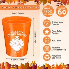 Tioncy 60 Pieces Thanksgiving Party Cups Orange White Coffee Turkey Plastic Reusable Cups Bulk 12 oz Tumblers for Thanksgiving Dinner Birthday Party Supplies Drinkware Beer Beverage, 3 Colors