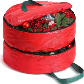 Corona de Navidad de doble capa, bolsa de almacenamiento de corona, guirnalda de color puro, guirnalda de temporada, caja de almacenamiento de corona festiva con doble cierre y asas para Navidad (rojo, 24 pulgadas)