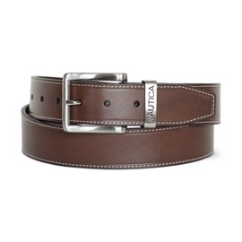 Nautica Men Casual Leather Belt, Signature Engraved-Brown, 32