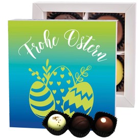 Hallingers Frohe Ostern - Pralinen zu Ostern, Ostergeschenke für Osterkörbchen zu Ostern, Pralinen handmade ohne Alkohol (Box) - Ostergeschenke Osterkörbchen Ostereier & als Osterdeko | Glückwunsch Gl