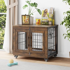 YaFiti Dog Crate Furniture with Cushion, Wooden Dog Kennel Indoor with Double Doors, Dog Cage with Wheels, Dog House Side End Table for Small Dogs up to 30 lb, 27.2" L, Rustic Brown