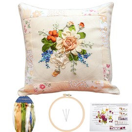 FONNUY Ribbon Pillow Case Embroidery Kit, Throw Pillow Cover, 3D Pre-Stamped Pattern Kits for Audlt Beginners, Blooming Flowers, 18 x 18'' (Yellow)