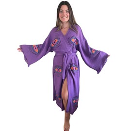 muslin babies Handmade Evil Eye Kimono - Purple Festival Women Clothing - Bohemian Robe - Boho Cotton Cardigan - Dressing Gown