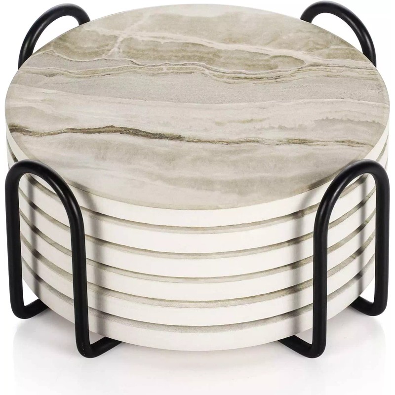 LIFVER Drink Coasters 6pk Absorbent Coaster Marble Style Ceramic 4in