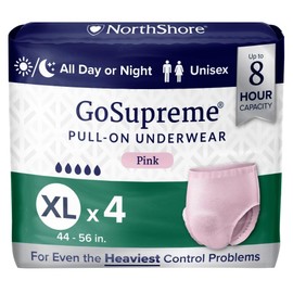 NorthShore GoSupreme Overnight Pull-On Underwear, 8-Hour Leak Protection, X-Large, 4-Count Starter Bag, Pink, (44-56 in Waist), Unisex Adult Diapers