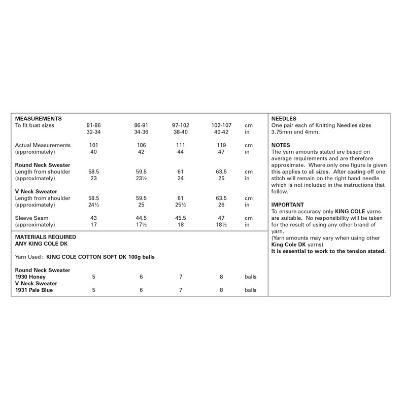 King Cole 5877 Knitting Pattern Womens Round and V Neck